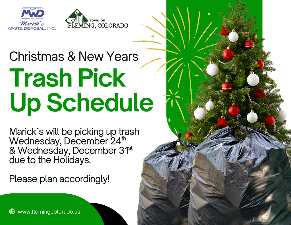 Fleming Colorado Marick's Waste Disposal 2025 Trash Pick Up Holiday Schedule