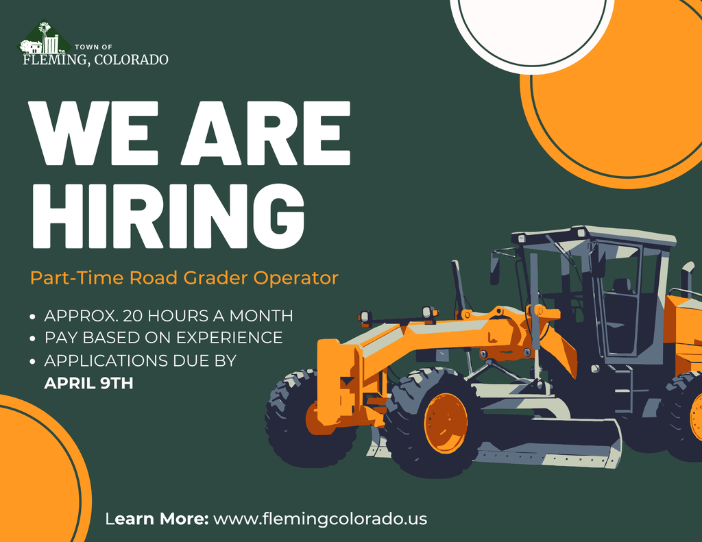 Fleming Colorado March 2026 Hiring Part time Road Grader Operator