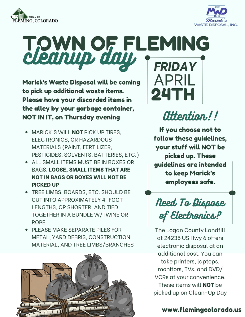 Fleming Colorado 2026 Town Clean Up Day Marick's Waste Disposal