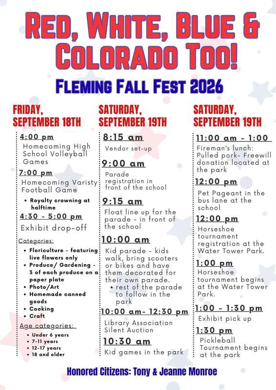Fleming Colorado Fleming Fall Festival 2026 Red, White, Blue, & Colorado Too!