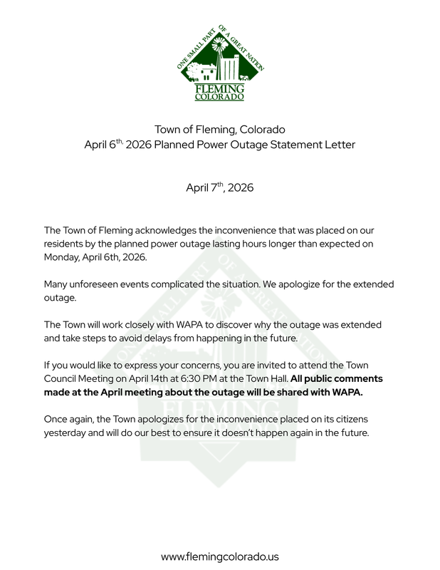 Fleming Colorado Planned Power Outage Statement Letter
