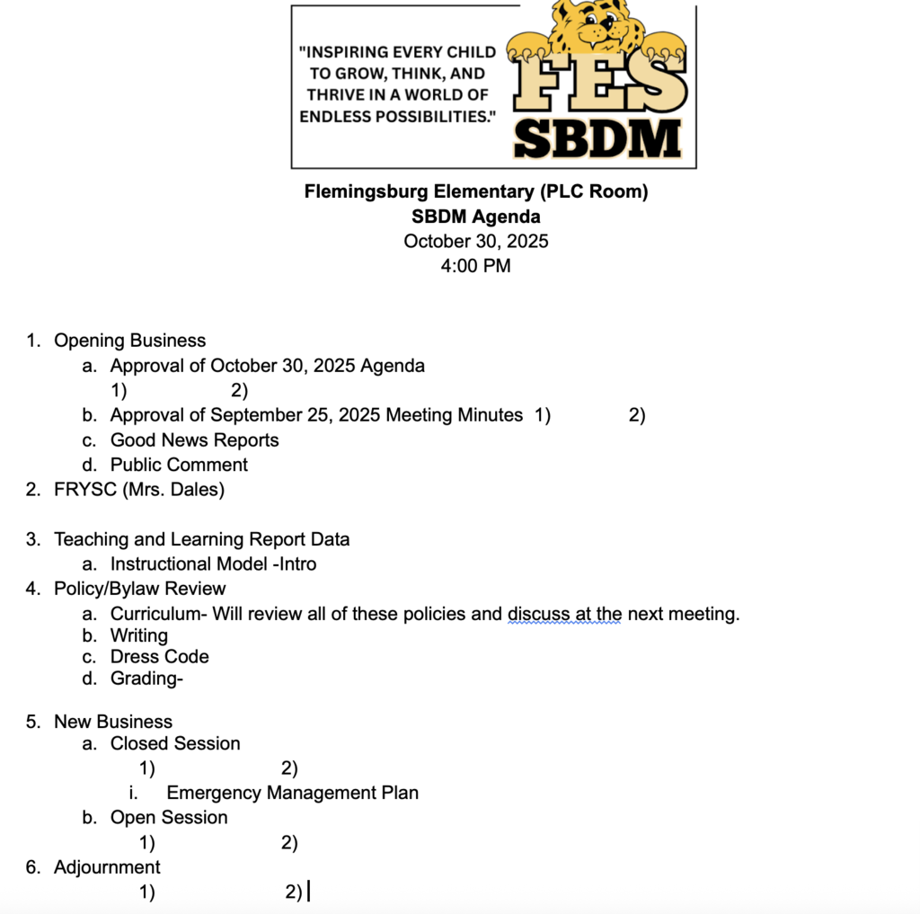 October 30 SBDM Agenda