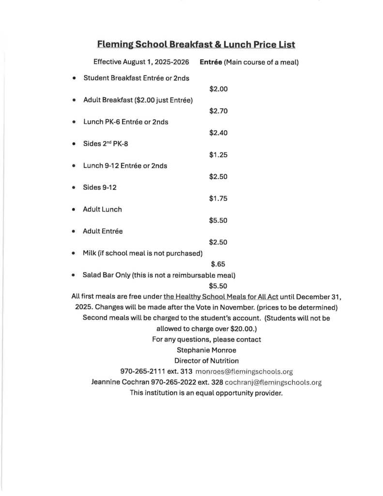 Breakfast and Lunch Price List