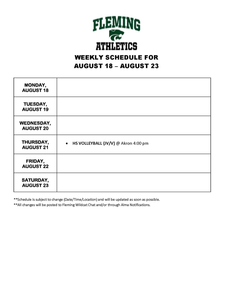 Athletic Weekly Schedule 8-18 thru 8-23