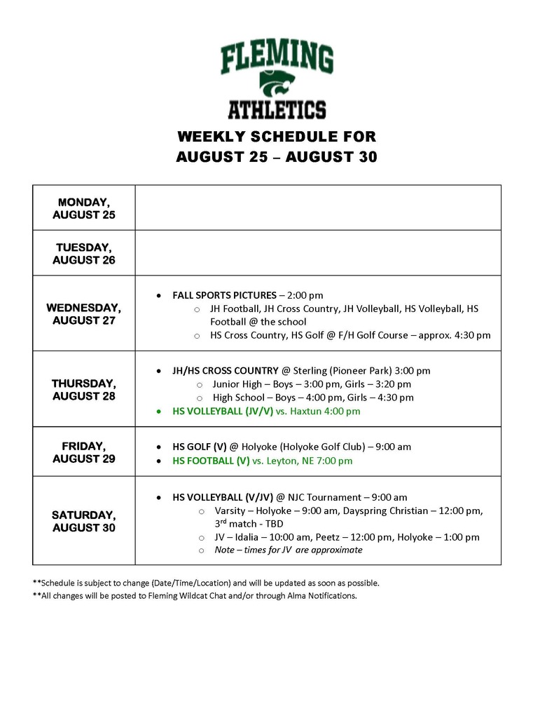 REVISED WEEKLY SCHEDULE FOR AUGUST 25 – AUGUST 30