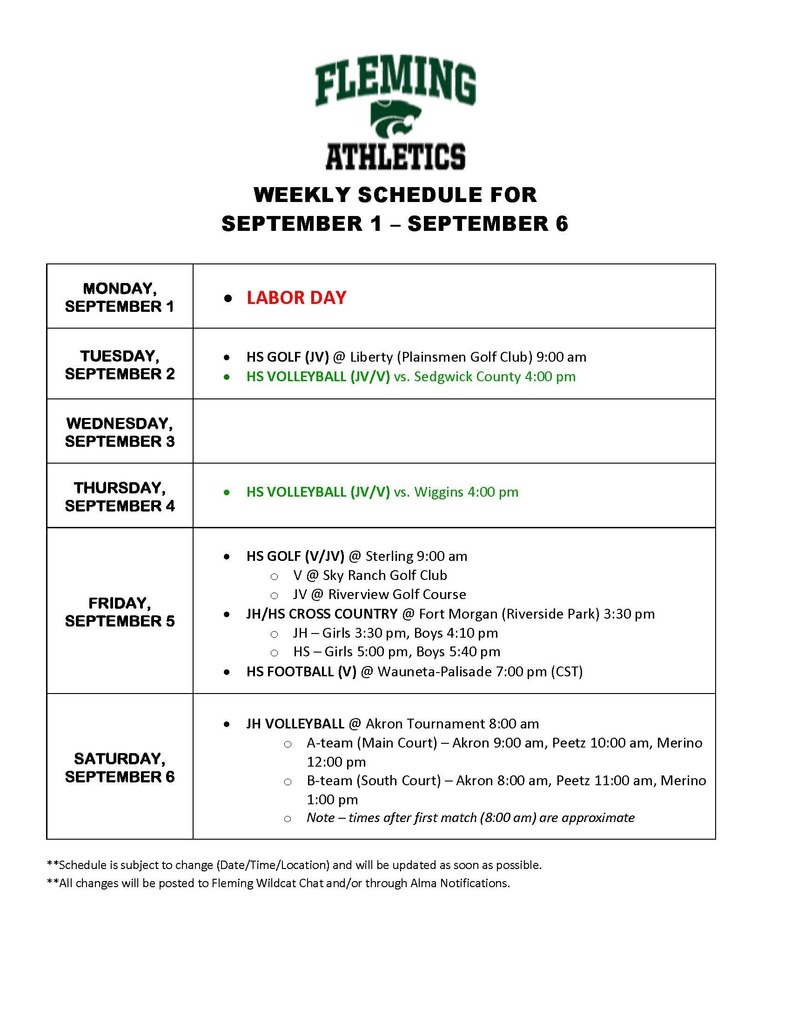 WEEKLY SCHEDULE FOR SEPTEMBER 1 – SEPTEMBER 6
