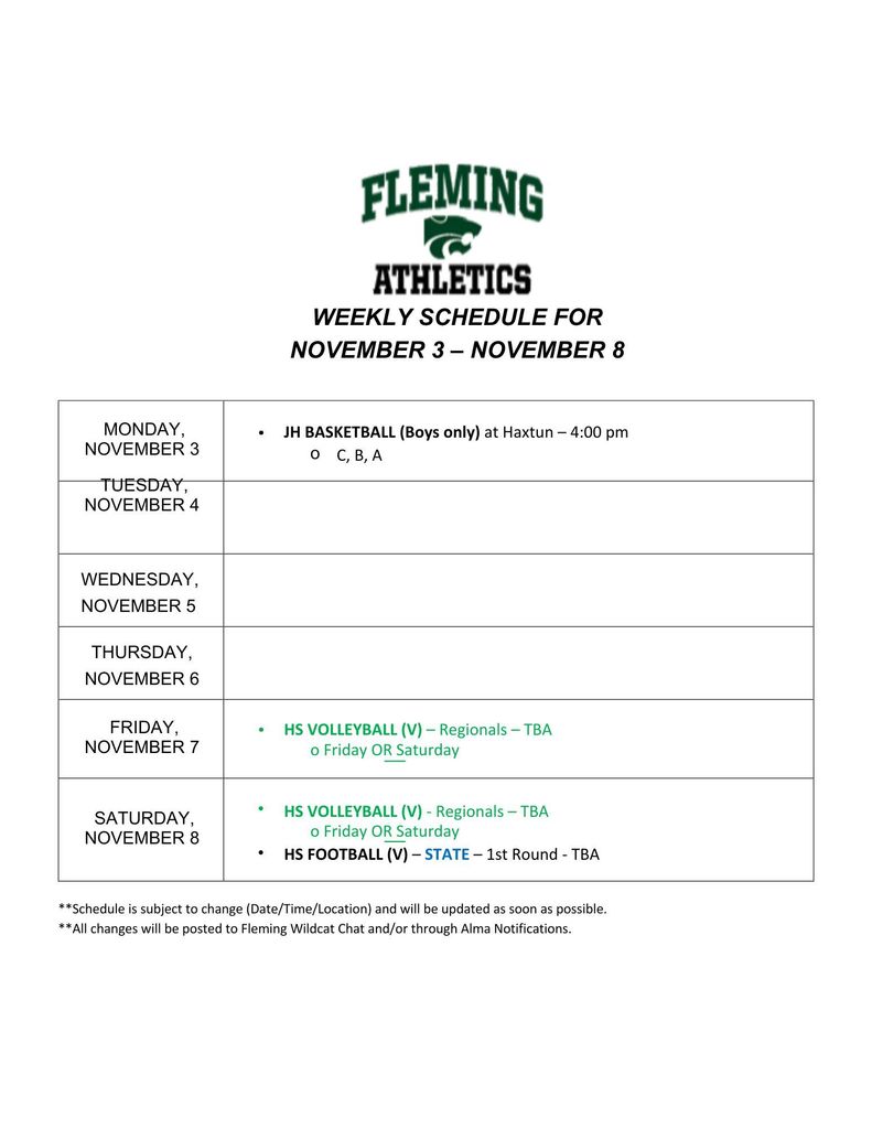 Athletic schedule