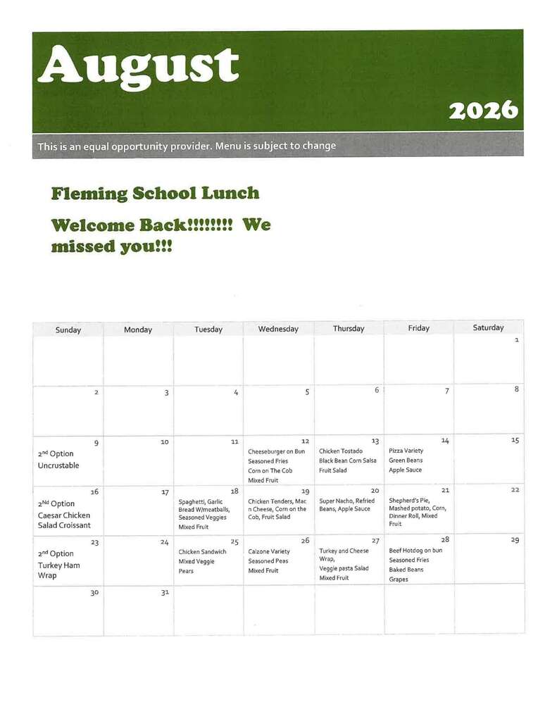 August 2026 school menu