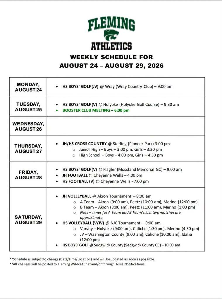 weekly athletic schedule