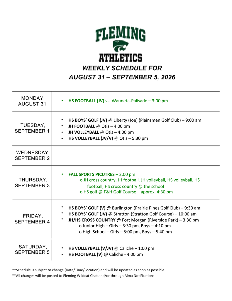 Athletic schedule