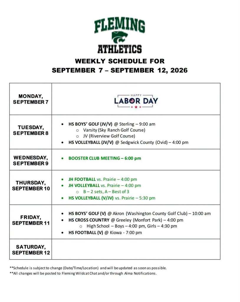 Athletic schedule