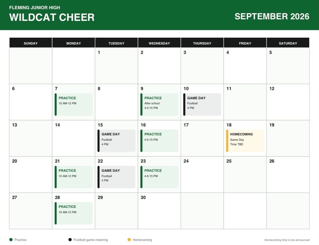 JH Cheer practice and event schedule