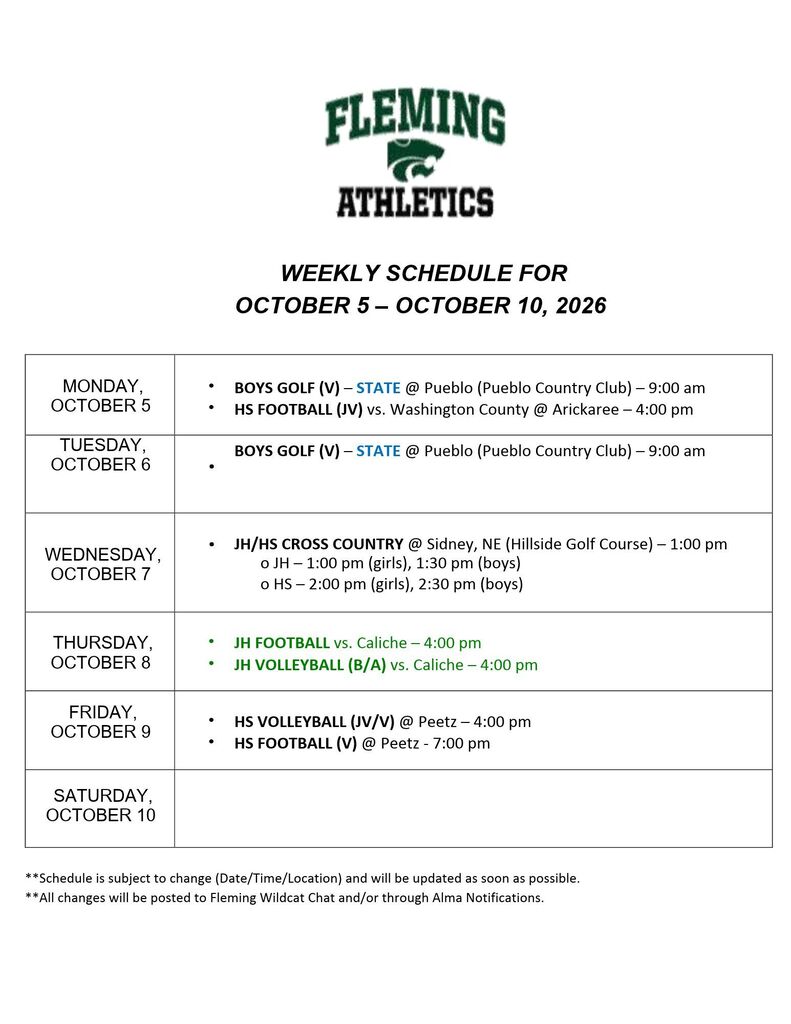 weekly athletic schedule