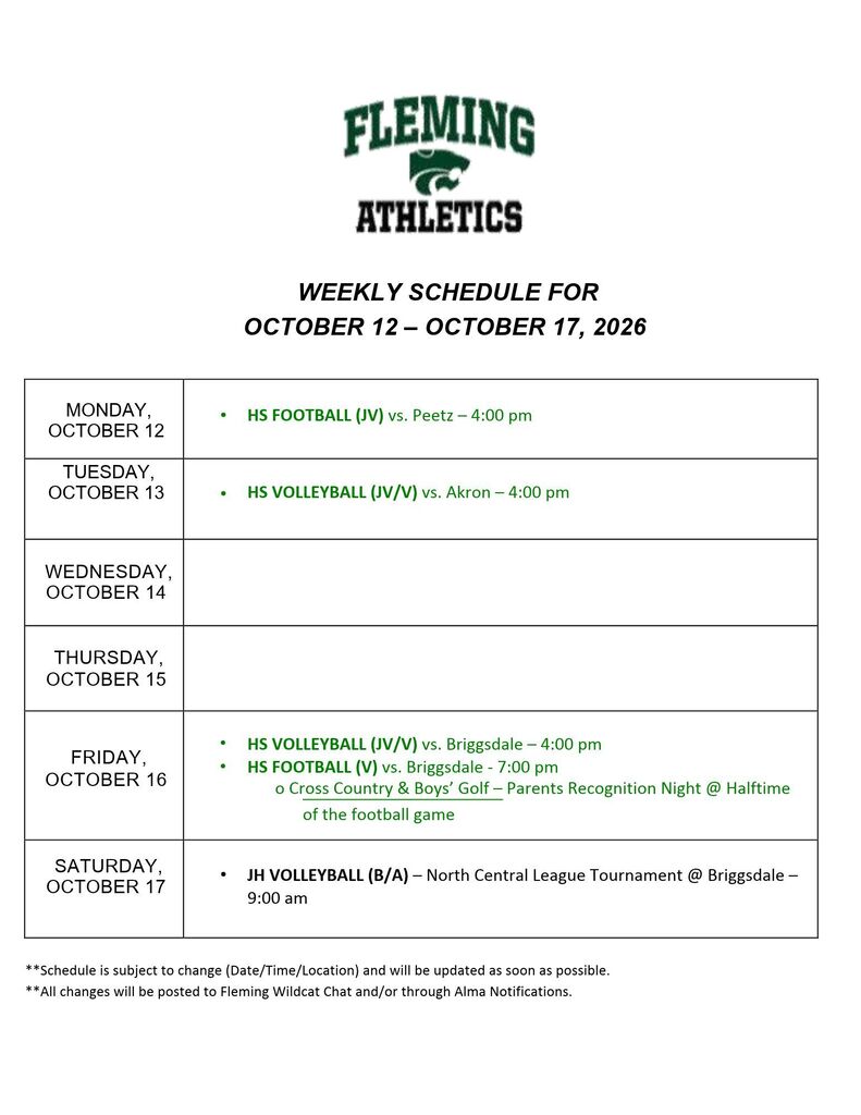 Athletic schedule 10/12-10/17