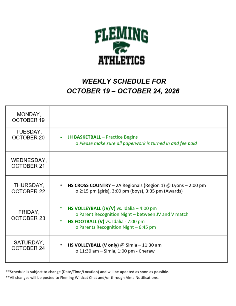 Weekly Athletic Schedule for 10/19-10/24