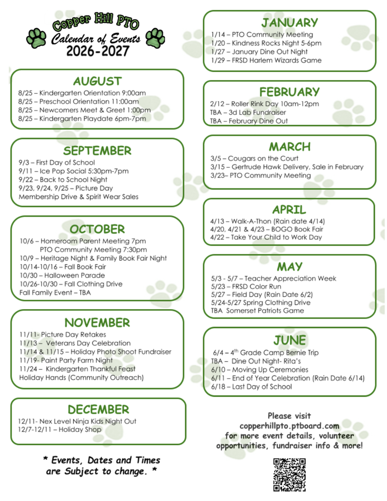 PTO Calender of Events 