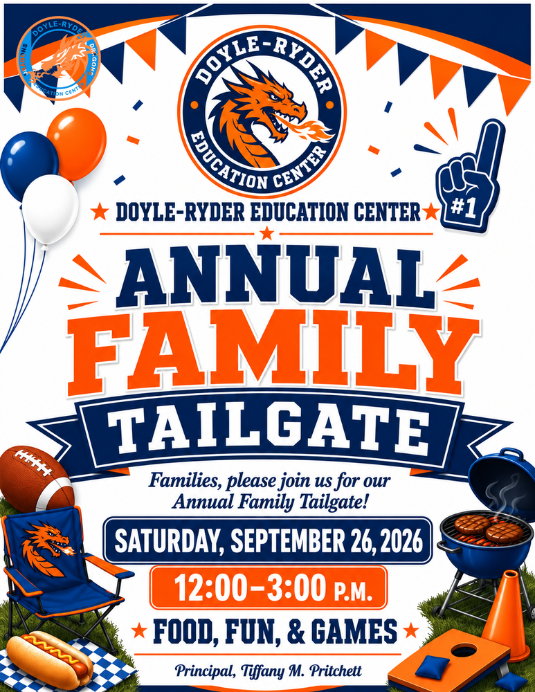 A flyer describing the Doyle Ryder annual family tailgate on Saturday, September 26th 2026 between 12 PM and 3 PM.  Food will be provided, along with fun game activities.