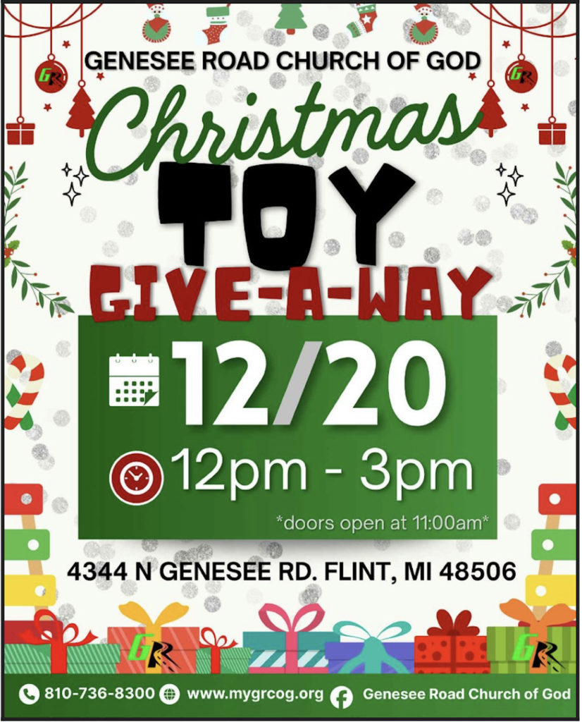 Christmas Toy Giveaway December 12th from Noon until 3 PM at 4344 N Genesee Rd Flint, MI 48506