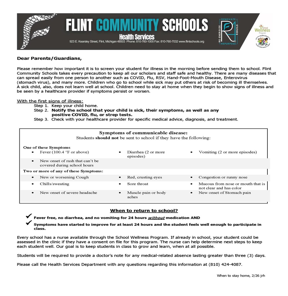 When to stay home from and Return to school parent letter