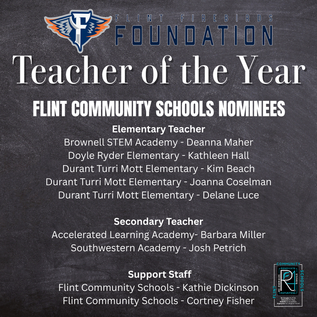🎉 Congratulations to our Flint Community Schools staff members nominated for Teacher of the Year by the Flint Firebirds Foundation!  We are so proud of these outstanding educators and support staff who make a difference for our scholars every single day. 💙📚  ⏰ Hurry—voting closes in just over 24 hours! 🗳️ Vote now at flintfirebirds.com or https://docs.google.com/forms/d/e/1FAIpQLSdwj6miqLrTLslviej9iZ_oNZXlIEIdg21F9TI_X9enQNX_xw/viewform  ⏳ Voting closes Thursday, February 12 at 7:00 p.m. 👉 Don’t wait—cast your vote today! 