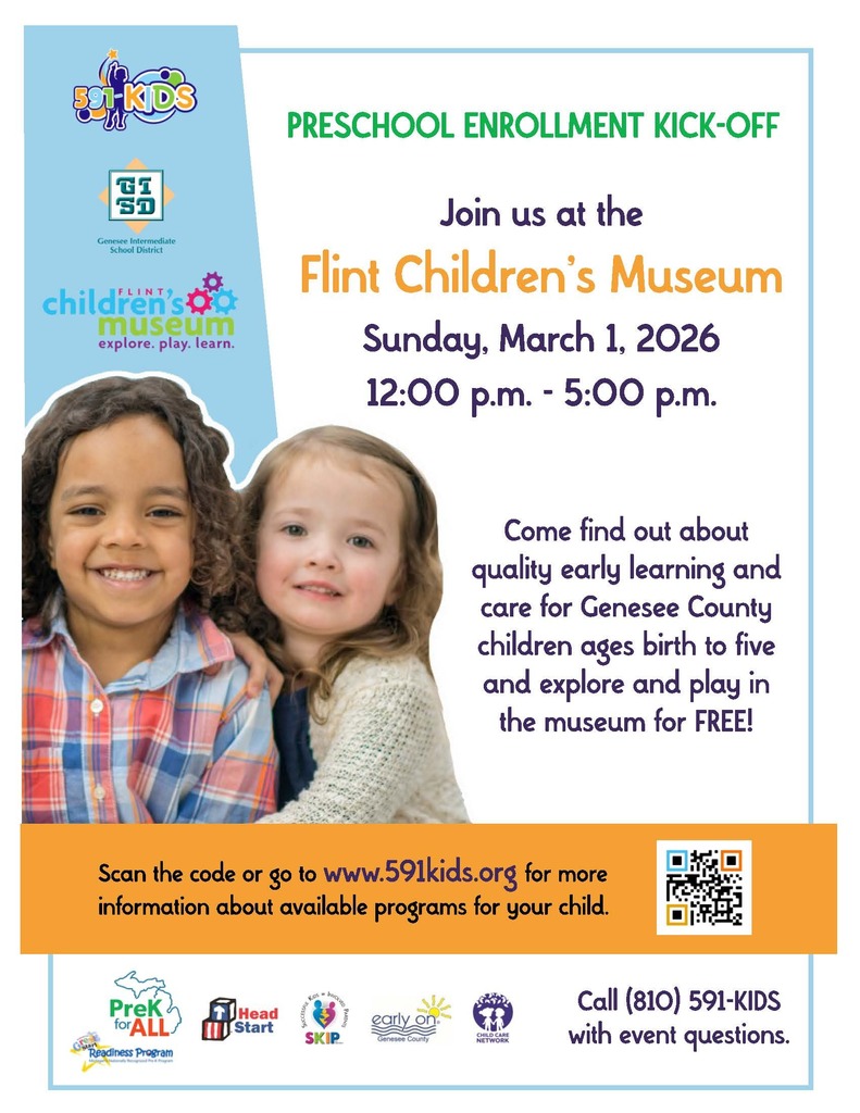 Families of future scholars—now is the perfect time to explore preschool opportunities! 🎒✨  Flint Community Schools encourages families to attend the Preschool Enrollment Kickoff Event at the Flint Children’s Museum on Sunday, March 1, from 12–5 p.m. This countywide event is a great opportunity to learn about quality early learning programs available for children ages birth to five.  Connect with local providers, gather helpful enrollment information, and enjoy free admission to the museum while your child explores and plays. Strong early learning experiences help set the stage for future success in Flint Community Schools and beyond. 💙📚  📅 Sunday, March 1 🕛 12:00–5:00 p.m. 📍 Flint Children’s Museum