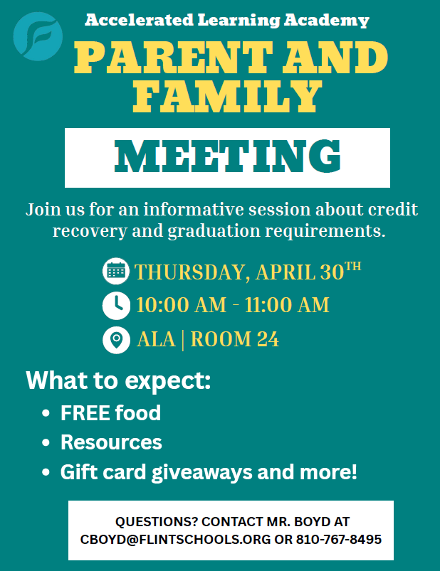 Parent and Family Meeting about YOUR STUDENT'S success, tomorrow, April 30th at 10:00 AM