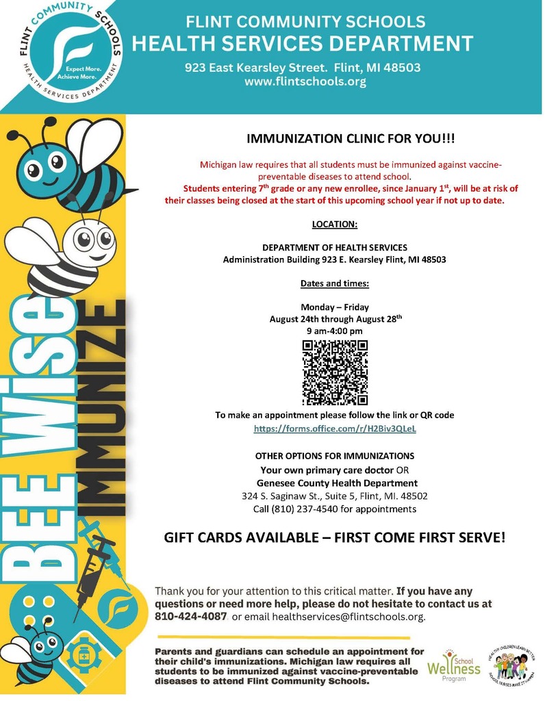Flint Schools immunization clinic  flyer for the week of August twenty fourth through the twenty eighth