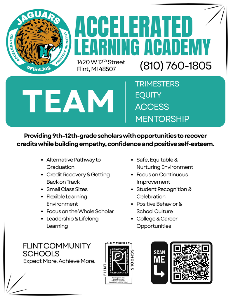 🎓🐆 LOOKING FOR A DIFFERENT PATH TO GRADUATION? Accelerated Learning Academy provides 9th–12th-grade scholars with opportunities to recover credits, get back on track and prepare for what’s next — all while building confidence, empathy and positive self-esteem. ✨ At Accelerated Learning Academy, scholars can benefit from: • Alternative pathways to graduation • Credit recovery & getting back on track • Small class sizes • Flexible learning environment • Safe, equitable & nurturing environment • Leadership & lifelong learning • Positive behavior & school culture • Scholar recognition & celebration • College & career opportunities • TEAM — Trimester Equity, Access & Mentorship 📚 Now enrolling! 👉 Learn more and explore enrollment: mahs.flintschools.org/o/mahs Your path. Your future. Your next step starts here.