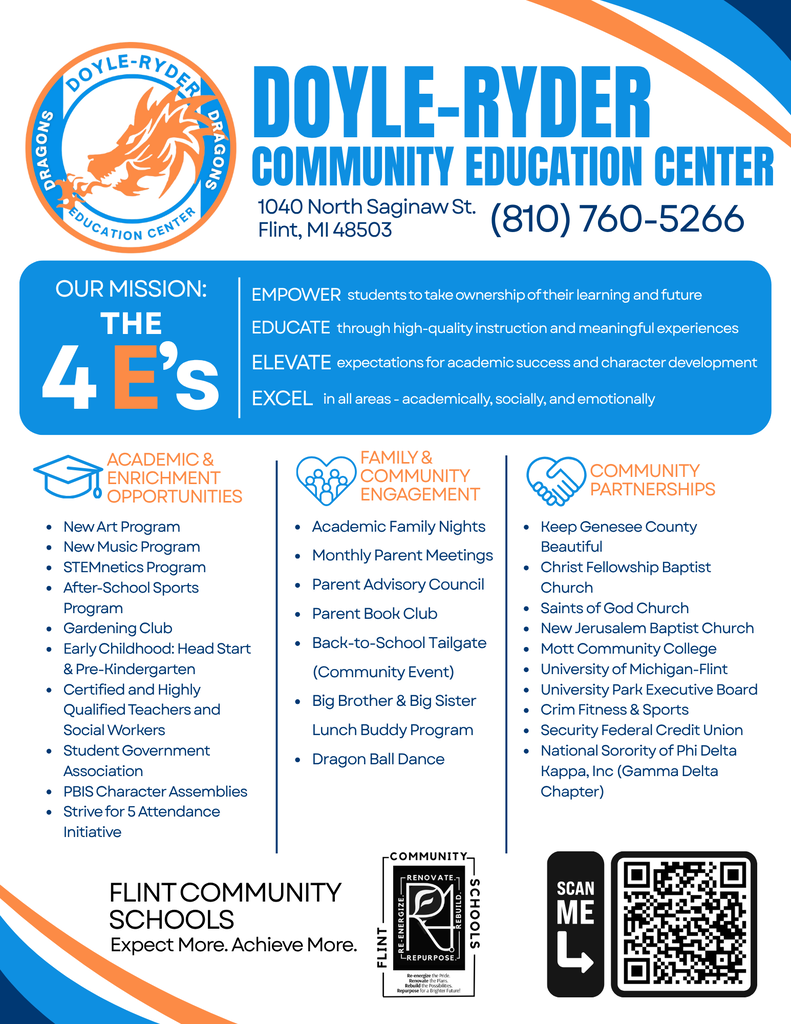 💙 ENROLL NOW AT DOYLE-RYDER COMMUNITY EDUCATION CENTER! 🧡 Looking for a school community where your scholar can learn, grow, explore and thrive? Doyle-Ryder Community Education Center offers a variety of academic, enrichment and family-focused opportunities designed to support the whole scholar. ✨ Highlights include: 🎨 New Art Program 🎶 New Music Program 🔬 STEMetics Program 🏃 After-School Sports 🌱 Gardening Club 📚 Early Childhood: Head Start & Pre-K 👩🏫 Certified & Highly Qualified Teachers and Social Workers 🗣️ Student Government Association ⭐ PBIS Character Assemblies 📅 Strive for 5 Attendance Initiative 👨👩👧 Academic Family Nights & Monthly Parent Meetings 🤝 Parent Advisory Council & Parent Book Club 💙 Community Partnerships & Family Engagement At Doyle-Ryder, the mission is to Empower. Educate. Elevate. Excel. — helping every scholar take ownership of their learning and future. 📚 Learn more: https://doyleryder.flintschools.org/o/doyleryder Flint Community Schools — Expect More. Achieve More. 💙🧡 #DoyleRyder #FCS #Enrollment #DragonPride #ExpectMoreAchieveMore #FlintCommunitySchools