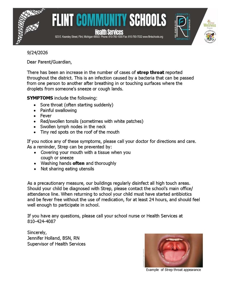 Strep throat letter to families for noted increased prevalence