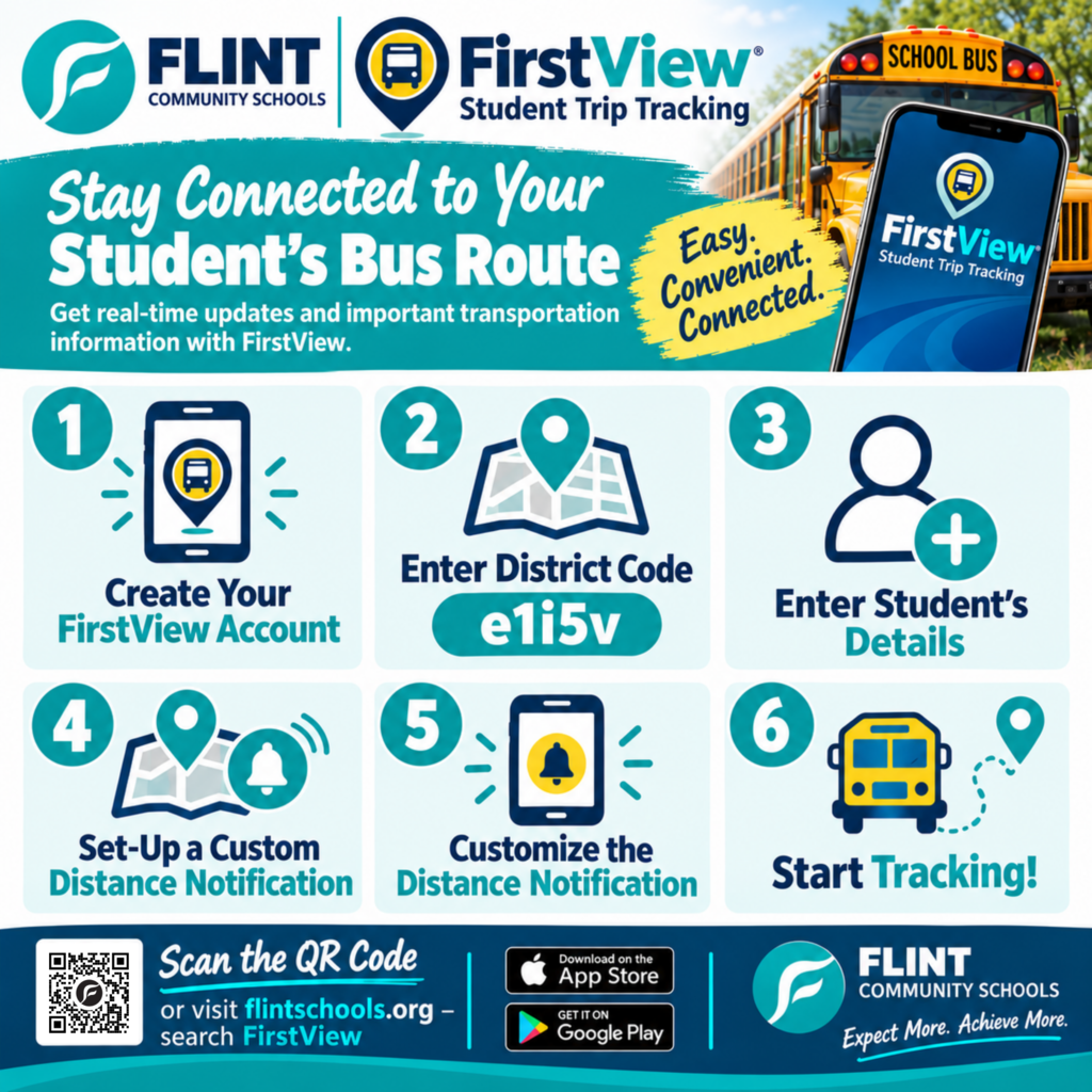 Flint Community Schools FirstView Student Trip Tracking Stay Connected to Your Student's Bus Route Get real-time updates and important transportation information with FirstView. Easy. Convenient. Connected. 1. Create Your FirstView Account 2. Enter District Code e1i5v 3. Enter Student's Details 4. Set-Up a Custom Distance Notification 5 Customize the Distance Notification 6 Start Tracking! Scan the QR code or visit flintschools.org - search FirstView