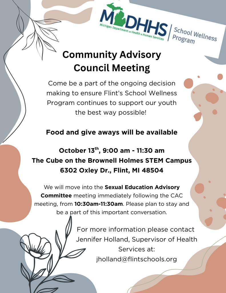 Flyer for Flint Schools' School Wellness Program Community Advisory Committee meeting being held October 13th from 9:00am until 11:30 am, at the Cube