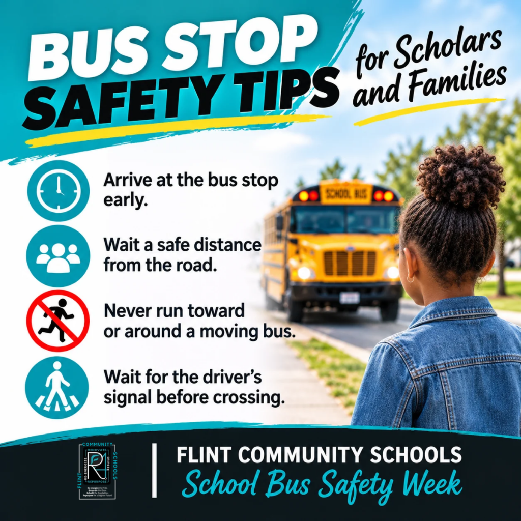 Bus Stop Safety Tips for Scholars and Families Arrive at the bus stop early. Wait a safe distance from the road. Never run toward or around a moving bus. Wait for the driver's signal before crossing. Flint Community Schools School Bus Safety Week