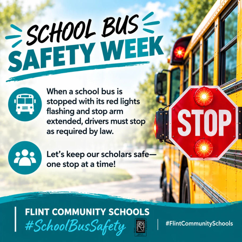 School bus safety week When a school bus is stopped with its red lights flashing and stop arm extended, drivers must stop as required by law. Let's keep our scholars safe - one stop at a time!