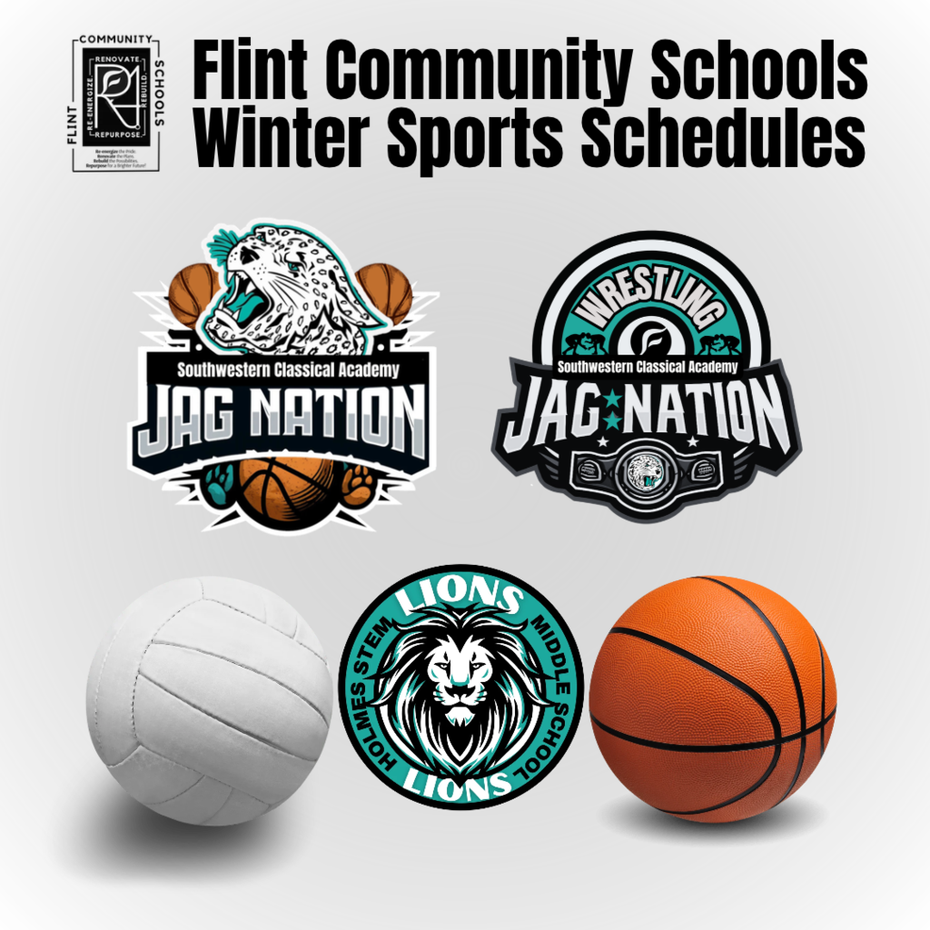 Flint Community Schools Winter Sports Schedules. The graphic features Southwestern Classical Academy Jaguars basketball and wrestling logos, Holmes Middle School Lions logo, a volleyball, and a basketball.