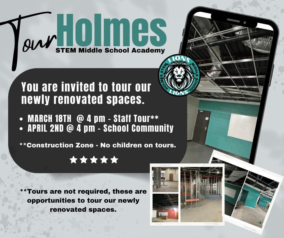 Staff Tour: March 18th, 4 pm šļø School Community Tour: April 2nd, 4 pm Please note: Due to ongoing construction, we kindly request no children on the tours. See you there! #HolmesSTEM #SchoolTour