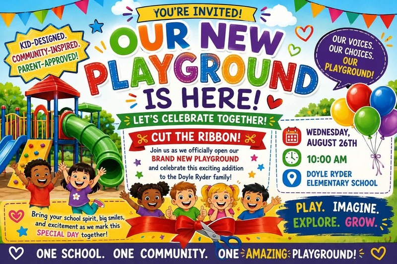 colorful image of school children playing, showcasing the new playground ribbon cutting ceremony on Wednesday, August 26th at 10 am at Doyle Ryder