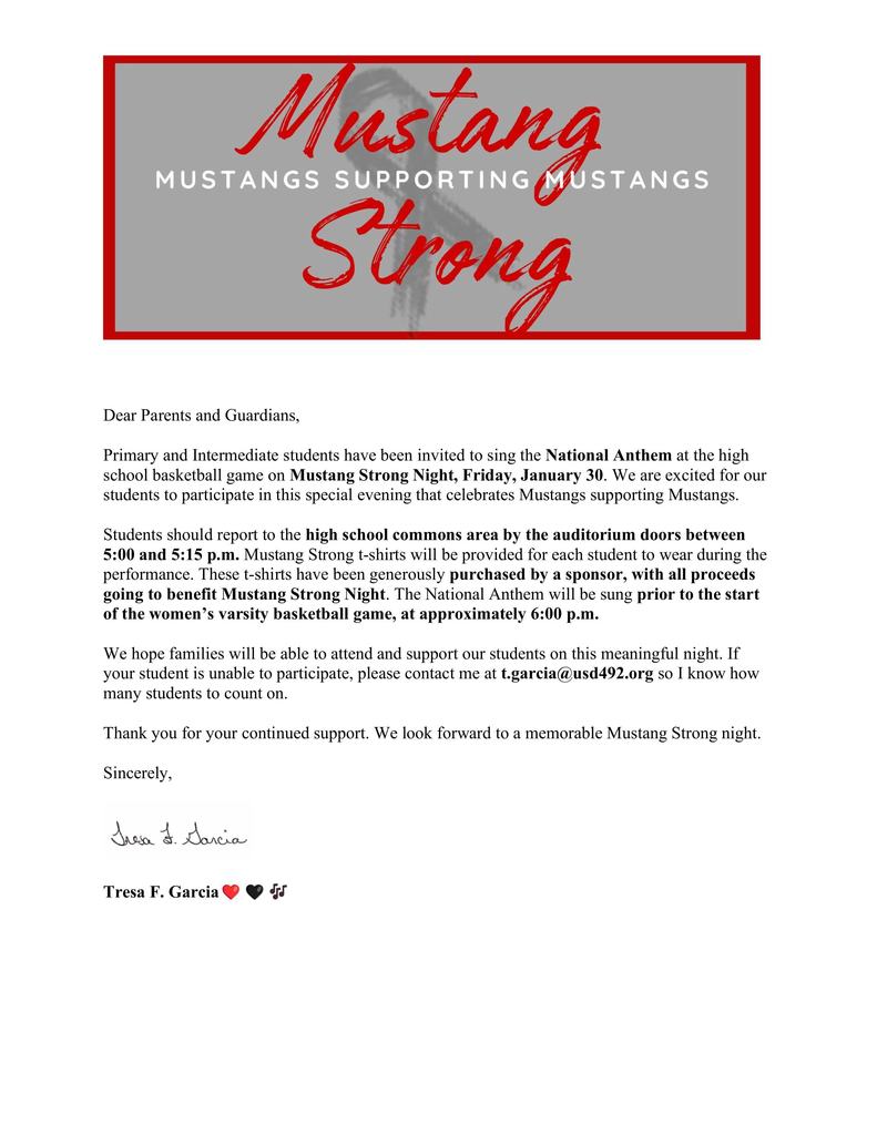 Parent letter regarding students singing at Mustang Strong night.