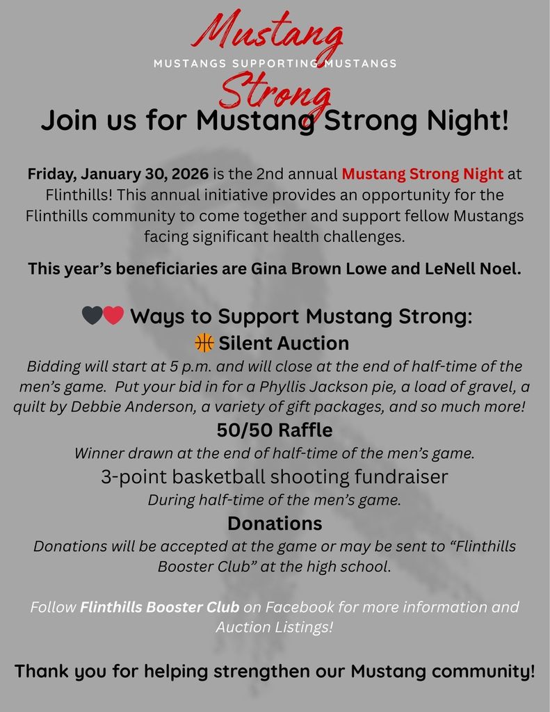 Mustang Strong Night is January 30. Silent Auction 50/50 Raffle and more.