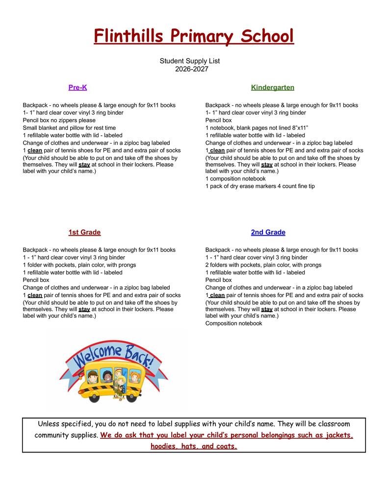 School Supply Lists 2026-27