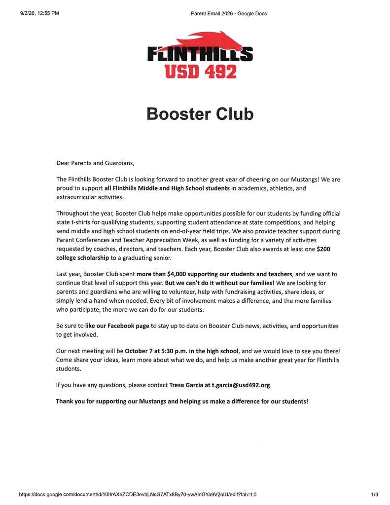 Flinthills Booster Club Parent Letter