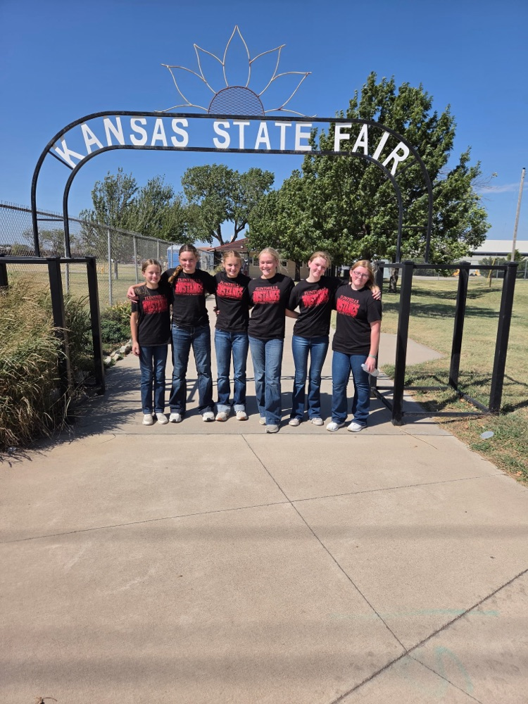 A group of band students smile and stand in front of a metal arch sign that says Kansas State Fair in white lettters