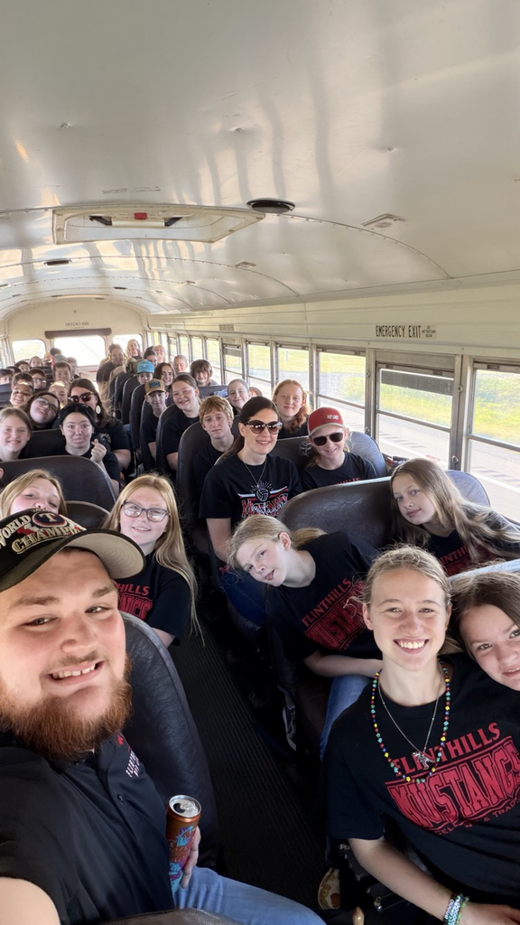 A selfie featuring Mr. Green and all the band students on the bus as they make their way to Hutchinson!