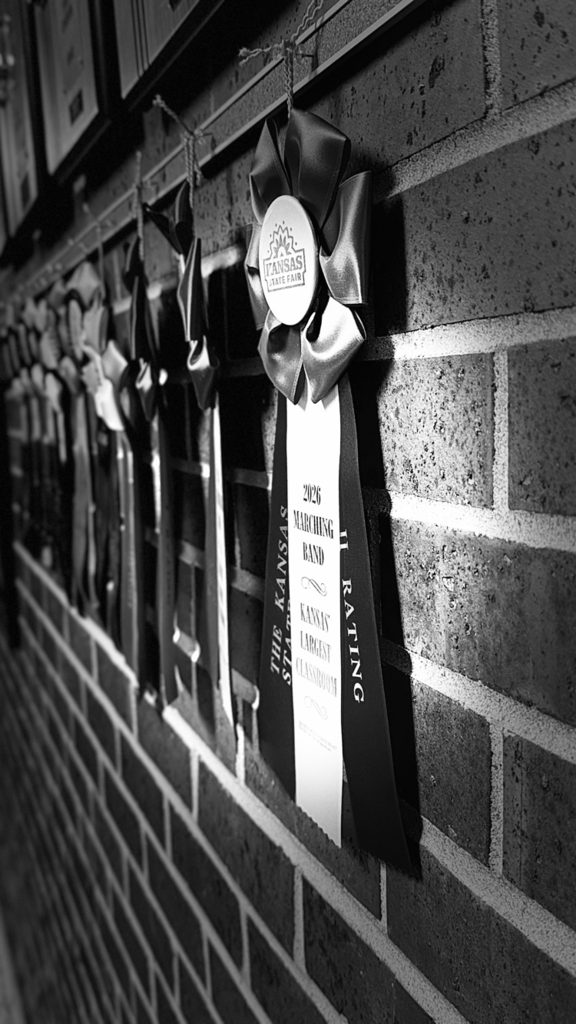 A black and white mood photo featuring the wall of State Fair Ribbons from the past at an angle, with this year’s ribbon at the front.