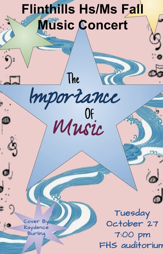A concert poster for the Flinthills HS/MS Fall Music Concert for band and choir! the posters features a tan background with a river flowing through the back. on the sides are musical notes and front and center are stars.