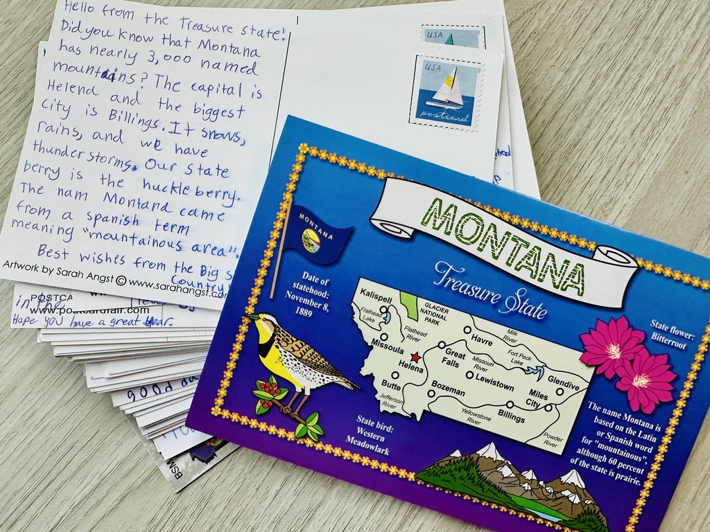 Stack of Montana postcards written by 5th graders.