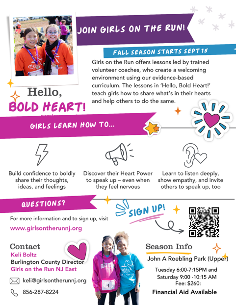 flyer for girls on the run which starts september 15th. for girls in grades 3-5