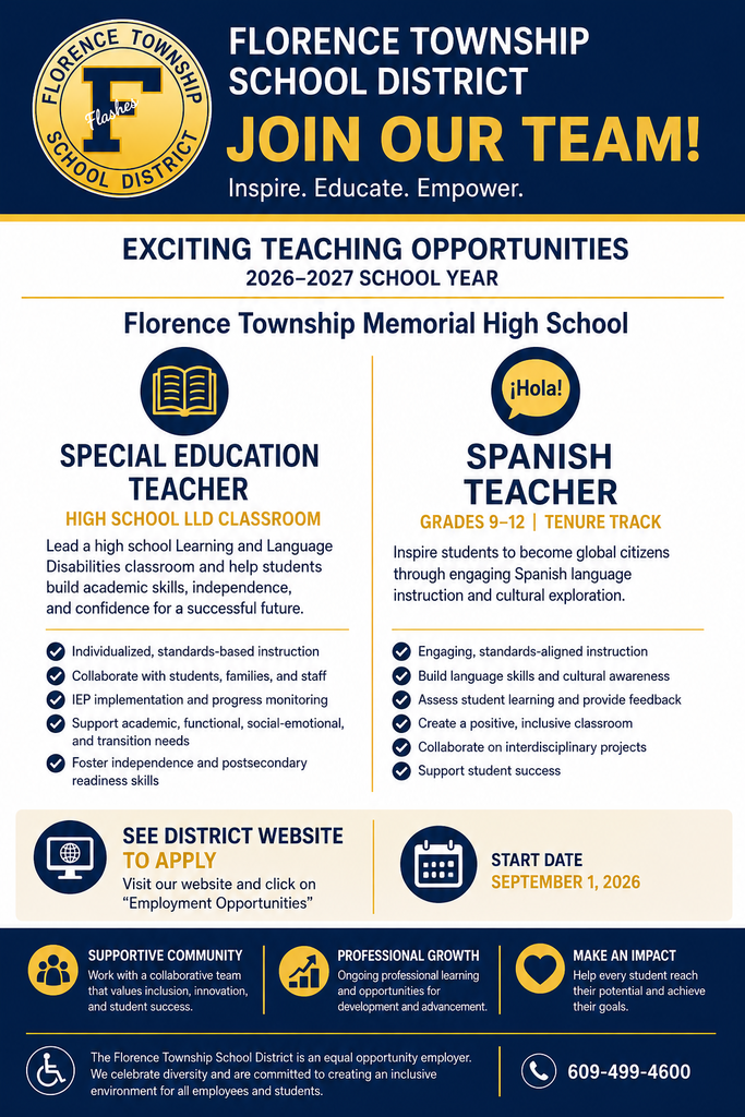 Florence Township School District “Join Our Team” recruitment graphic announcing teaching opportunities for the 2026–2027 school year at Florence Township Memorial High School.