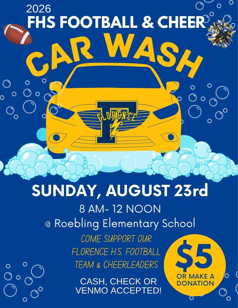 football and cheer car wash $5 each car August 23rd at Roebling School from 8 am to 12 noon