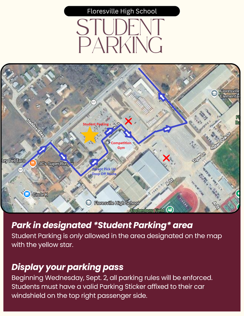 Students: Please only use the parking area indicated on the map with the yellow star! Be sure to properly display your parking pass on your vehicle.